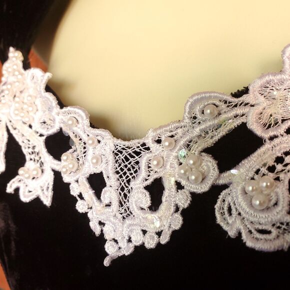 Vintage Roberta Black Velvet Maxi Dress 26" Waist White Bow Beaded Lace - Picture 3 of 14